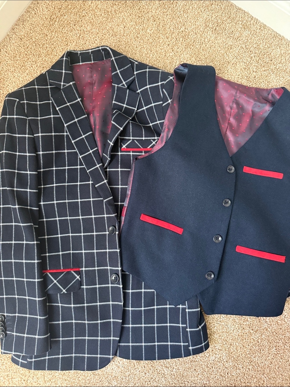 Isaac Mizrahi Navy Windowpane Blazer and Vest with Red Trim